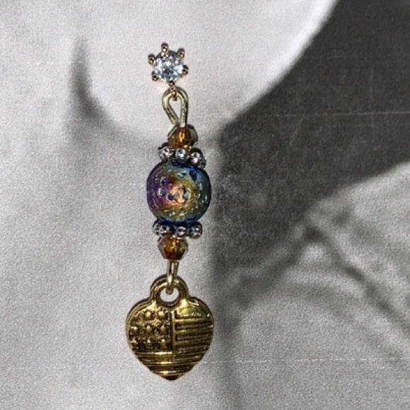 Hand Crafted Dangling Lava Stone Stud Post Drop Dangling Earrings Heart Charm - Picture 1 of 11